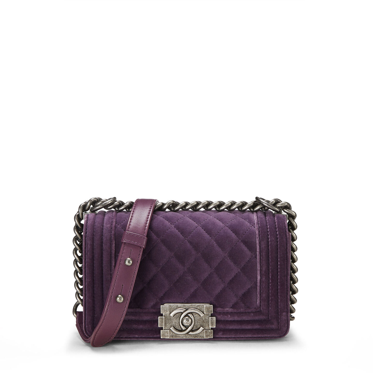 chanel purple quilted velvet boy bag small