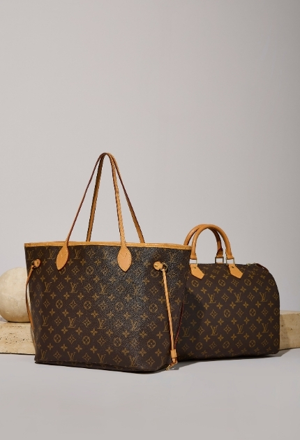 Hero Banner: Louis Vuitton Monogram Canvas Neverfull MM next to a Louis Vuitton Monogram Canvas Speedy 30