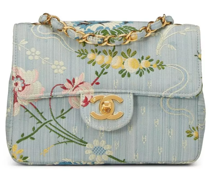CHANEL BLUE LINEN FLORAL EMBROIDERED HALF FLAP MINI, $11,500