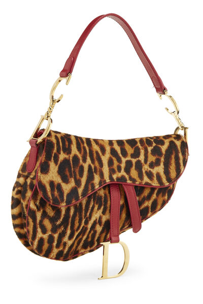 Red & Brown Animal Print Pony Hair Saddle Bag, , large
