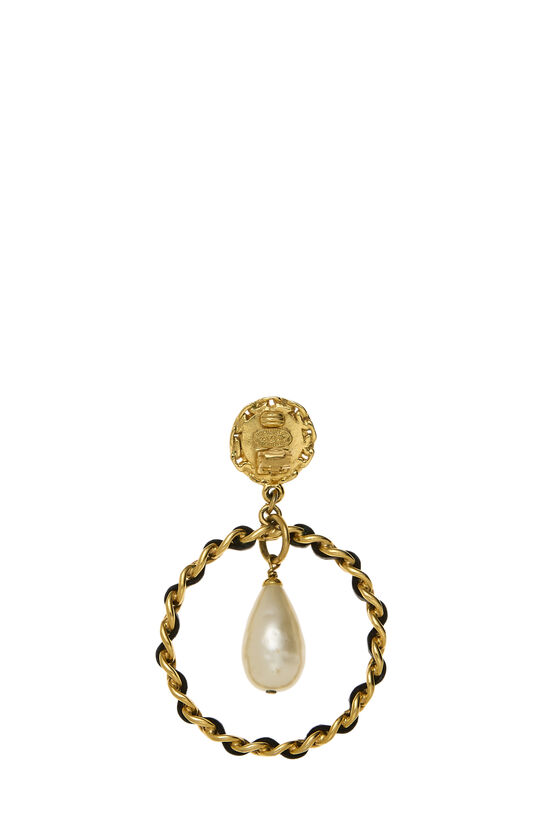 Gold Faux Pearl Hoop 'CC' Dangle Earrings, , large image number 2