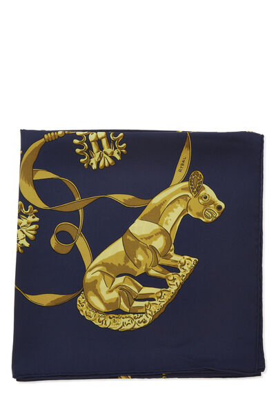 Navy & Gold 'Les Cavaliers D'Or' Silk Scarf 90, , large