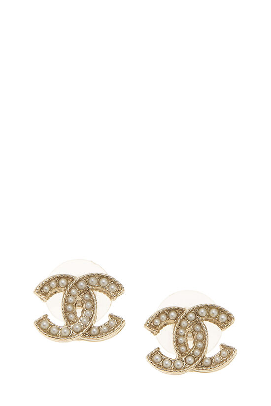 Gold Metal, Imitation Pearl, and Crystal CC Gold Stud Earrings, 2019