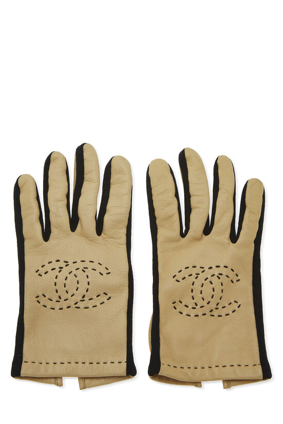 Beige Lambskin Leather & Black Silk 'CC' Gloves, , large image number 1