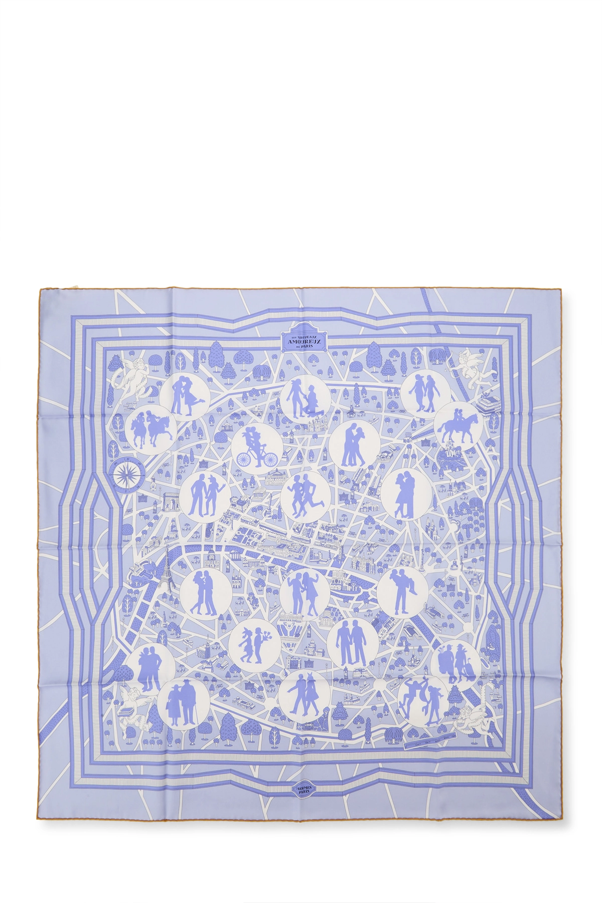 Blue & Multicolor 'Les Nouveaux Amoureux de Paris' Silk Scarf 90