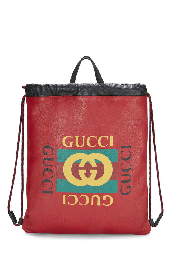Gucci Red Leather Logo Print Drawstring Backpack Large
