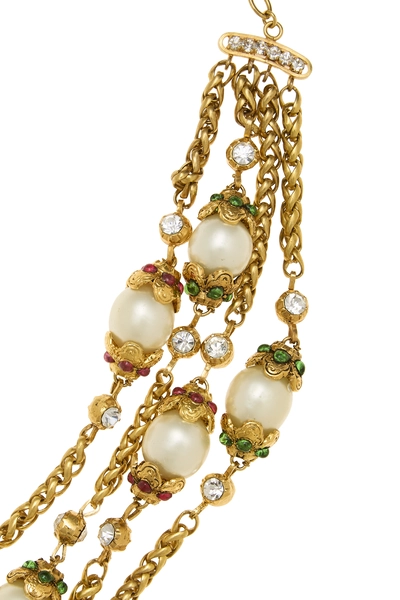 Gold Triple Strand Gripoix & Faux Pearl Necklace, , large