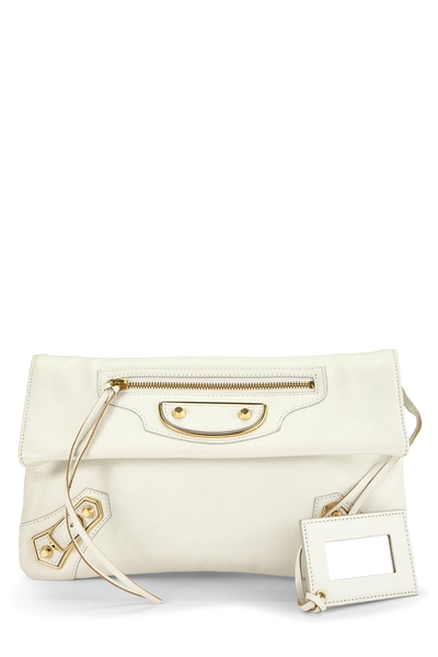 White Chevre Metallic Edge Crossbody Clutch