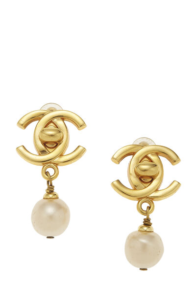Gold & Faux Pearl 'CC' Turnlock Dangle Earrings