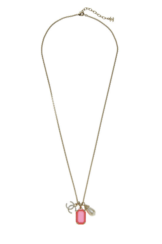 Gold & Pink Crystal Dangling Charm Necklace, , large image number 1