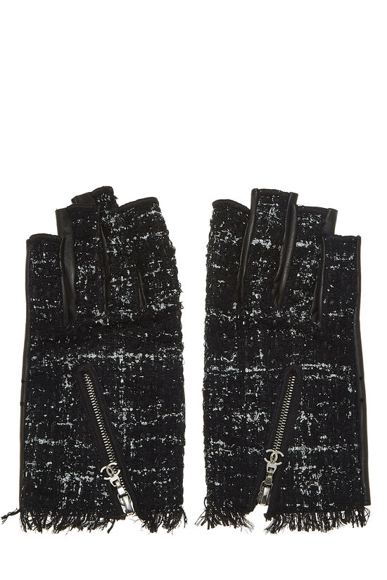 Black Lambskin & Tweed Fingerless Gloves, , large image number 1