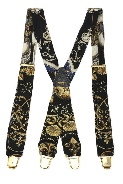 Black & Multicolor Motif Silk Suspenders , , large