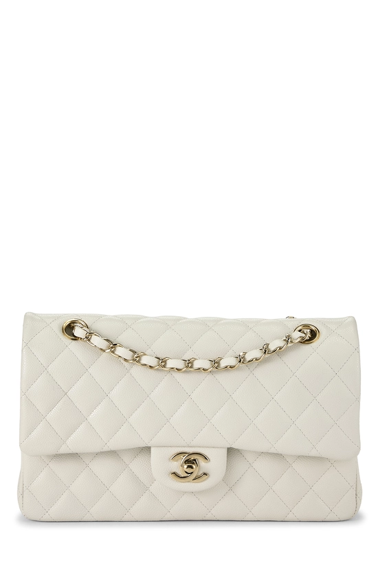 White Quilted Caviar Classic Double Flap Medium, , large image number 0