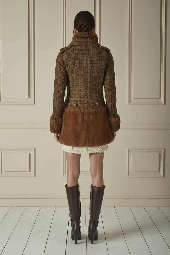 Brown Faux Fur-Trimmed Tweed Coat, , large image number 1