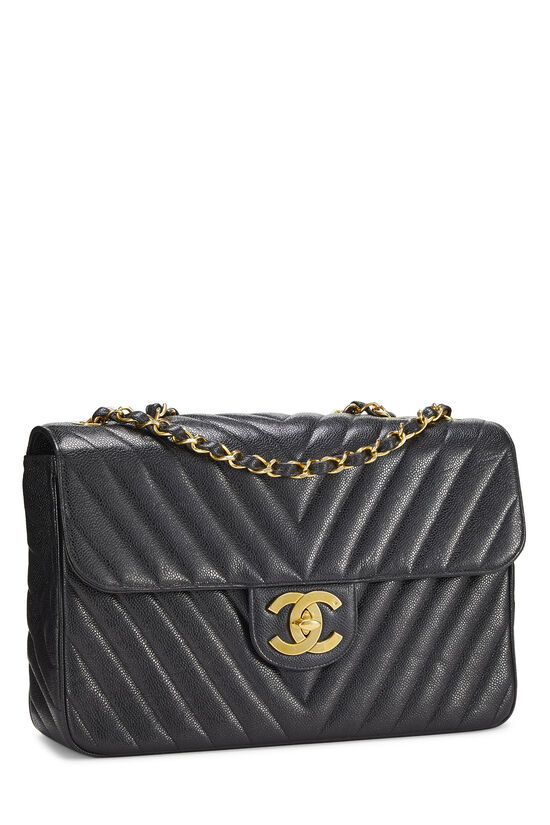 Chanel Vintage Classic Single Flap Bag Quilted Caviar Jumbo Gray