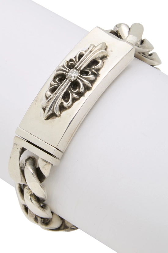 Pre-Owned Sterling Silver Diamond Floral Cross ID Bracelet