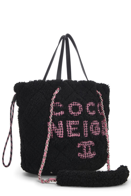 Chanel Black and Pink Shearling Coco Neige Tote Silver Hardware, 2019 (Like New), Black/Pink Womens Handbag