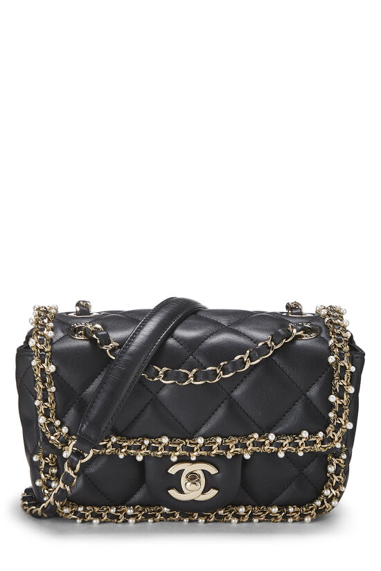 Black Quilted Lambskin Pearl Chain Rectangular Flap Mini, , large image number 0