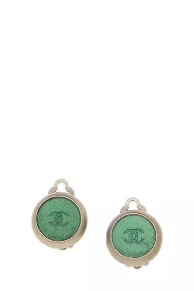 Green 'CC' Button Earrings