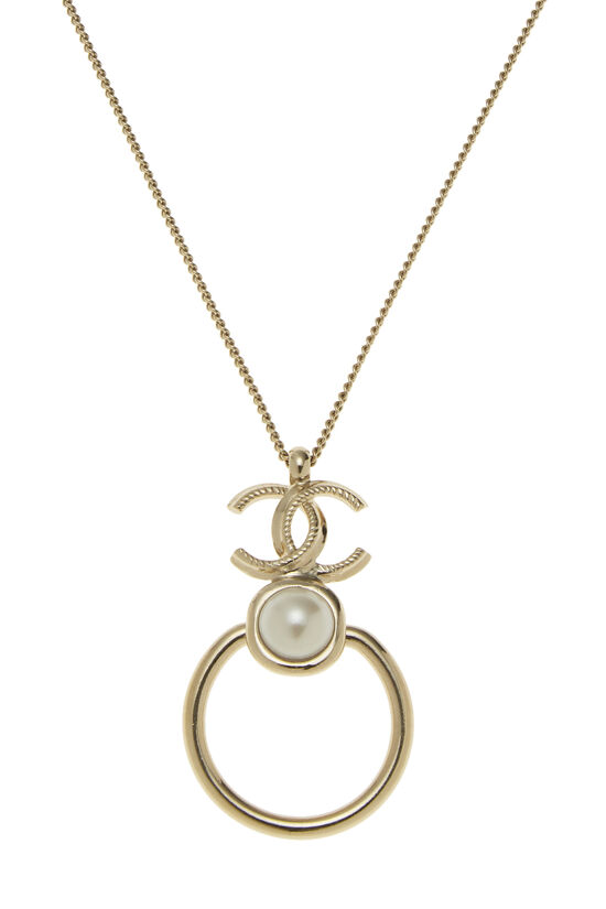 Gold & Faux Pearl 'CC' Necklace, , large image number 2