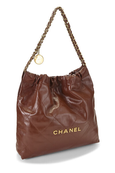 Brown Shiny Calfskin Chanel 22 Hobo Small, , large