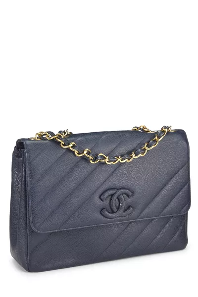 Navy Caviar Diagonal Quilted Shoulder Bag Jumbo, , large