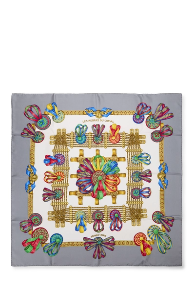 Grey & Multicolor 'Les Rubans du Cheval' Silk Scarf 90