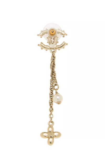 Gold Crystal Faux Pearl 'CC' Dangle Earrings, , large