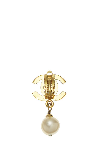 Gold & Faux Pearl 'CC' Dangle Earrings, , large