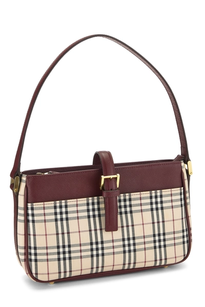 Burgundy Check Jacquard Canvas Buckle Shoulder Bag Small, , large
