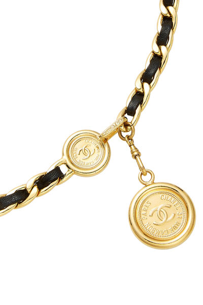 Gold & Black Leather 'CC' Medallion Chain Belt, , large
