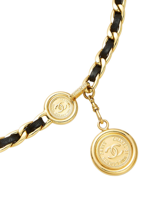 Gold & Black Leather 'CC' Medallion Chain Belt, , large image number 1