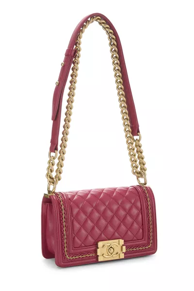 Pink Quilted Lambskin Chain Around Boy Bag Small, , large