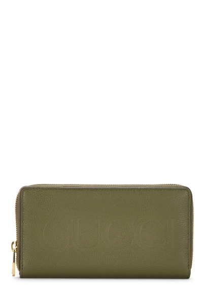 Green Leather Logo Embossed Zip Around Wallet