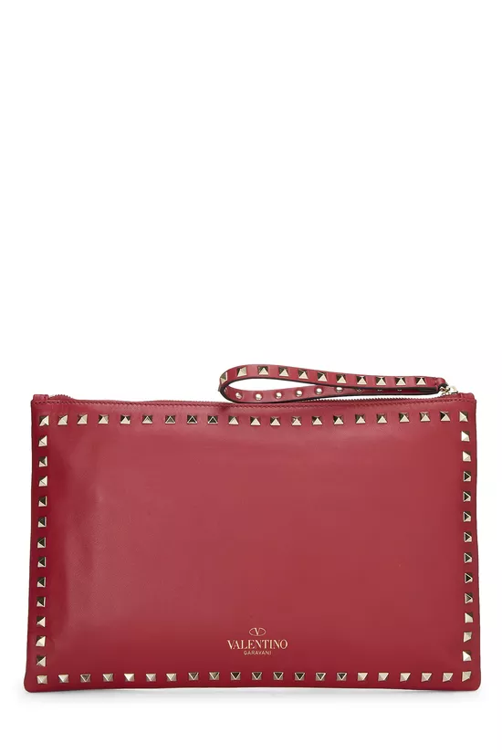 Red Leather Rockstud Spike Clutch, , large image number 0