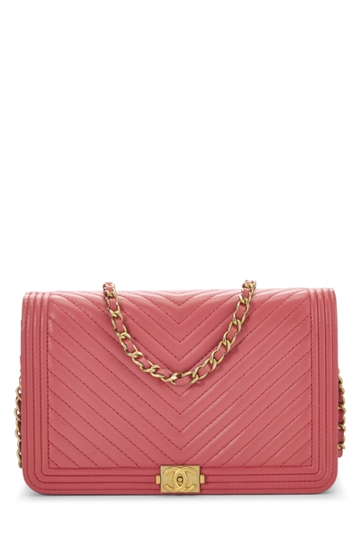 Chanel Pink Lambskin Chevron Boy Wallet on Chain (WOC)