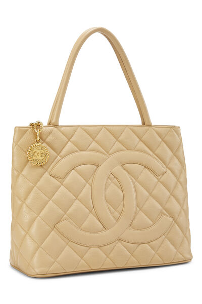 Beige Quilted Caviar Medallion Tote, , large