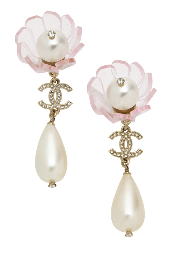 Gold 'CC' Flower Earrings, , large image number 0