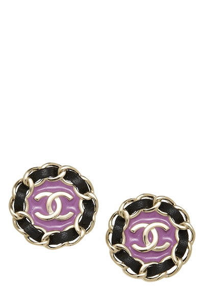 Purple Gold 'CC' Button Earrings