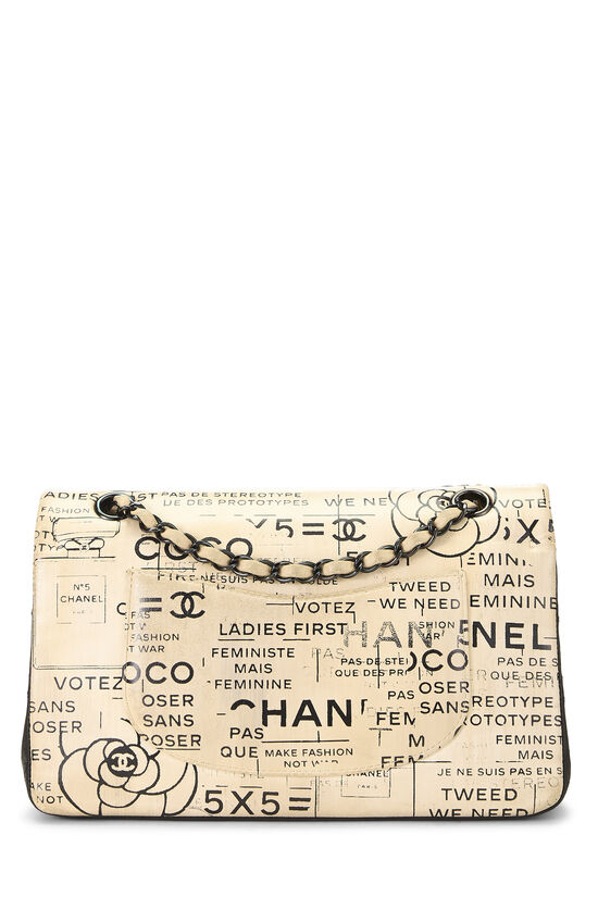 Beige Calfskin Graffiti Newspaper Classic Double Flap Medium, , large image number 3