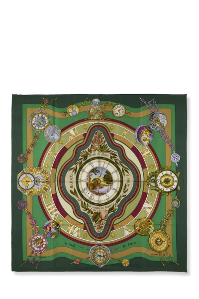 Green & Multicolor 'Parmi les Fleurs Je Compte les Heures' Silk Scarf 90