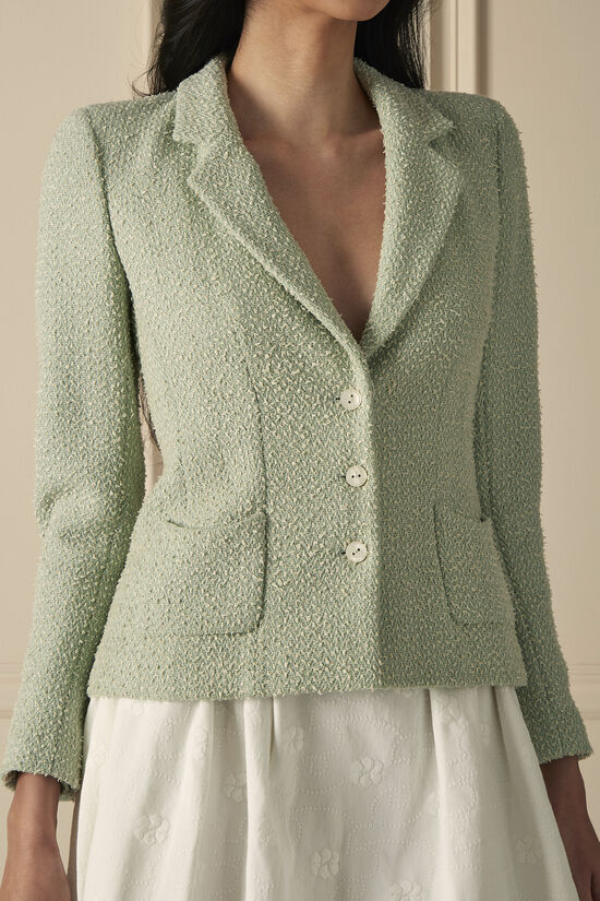Green Bouclé Tweed Collared Blazer, , large image number 2