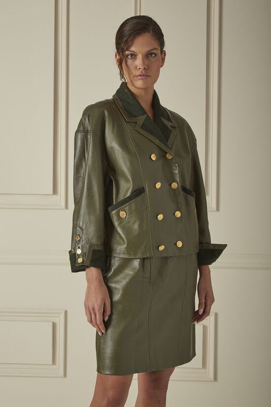 Chanel Green Leather and Wool Skirt Suit Set 60CHW-118