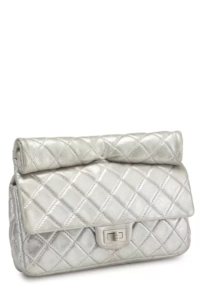 Metallic Silver Quilted Leather Reissue Roll Clutch, , large