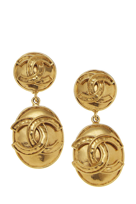 Gold Round 'CC' Dangle Earrings