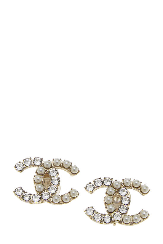 Gold Faux Pearl & Crystal 'CC' Earrings