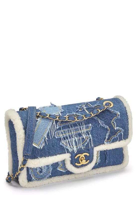 Paris-Egypt Blue Denim & Shearling Hieroglyph Flap Medium, , large image number 1
