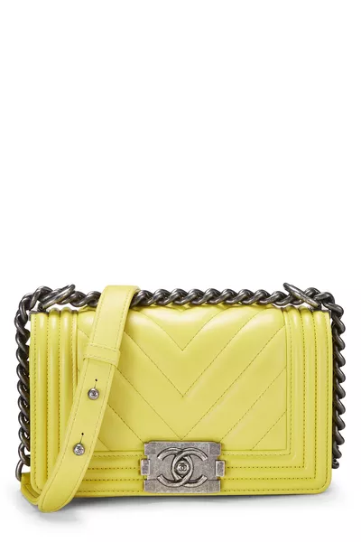 Chanel Yellow Chevron Lambskin Boy Bag Small