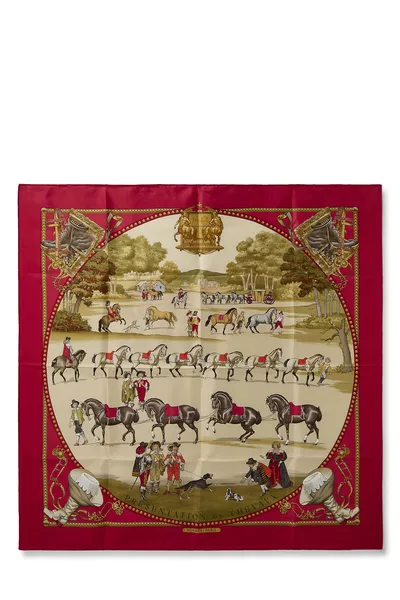 Red & Multicolor 'Pr&eacute;sentation de Chevaux' Silk Scarf 90