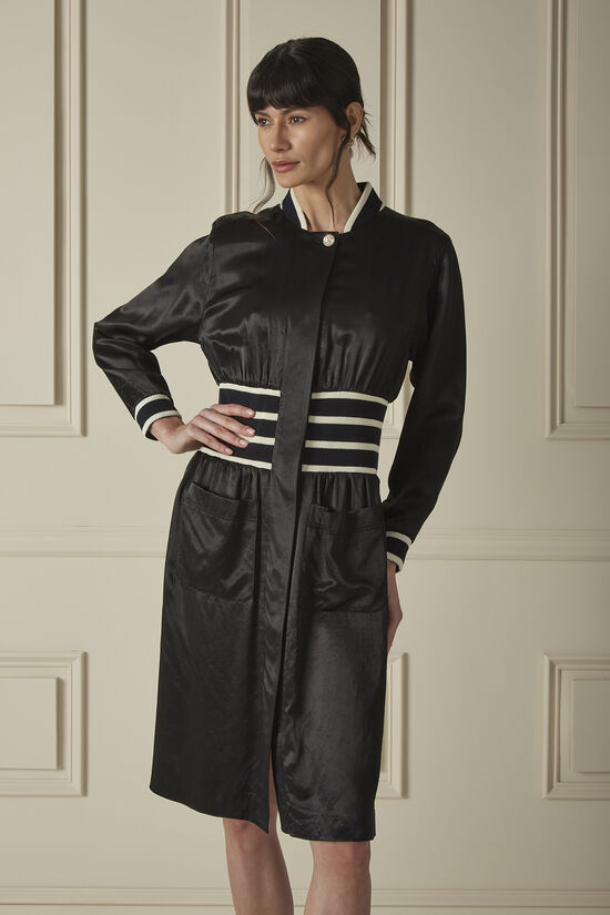 Black Satin Striped-Trim Midi Dress, , large image number 2